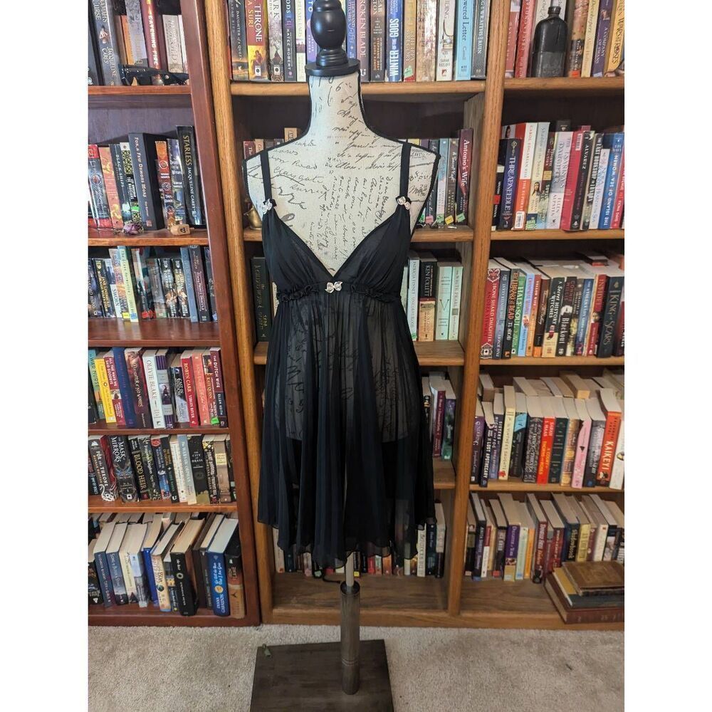 Vtg BETSEY JOHNSON Black L ACCORDION Chiffon BABYDOLL Negilee Chemise Pink Bows